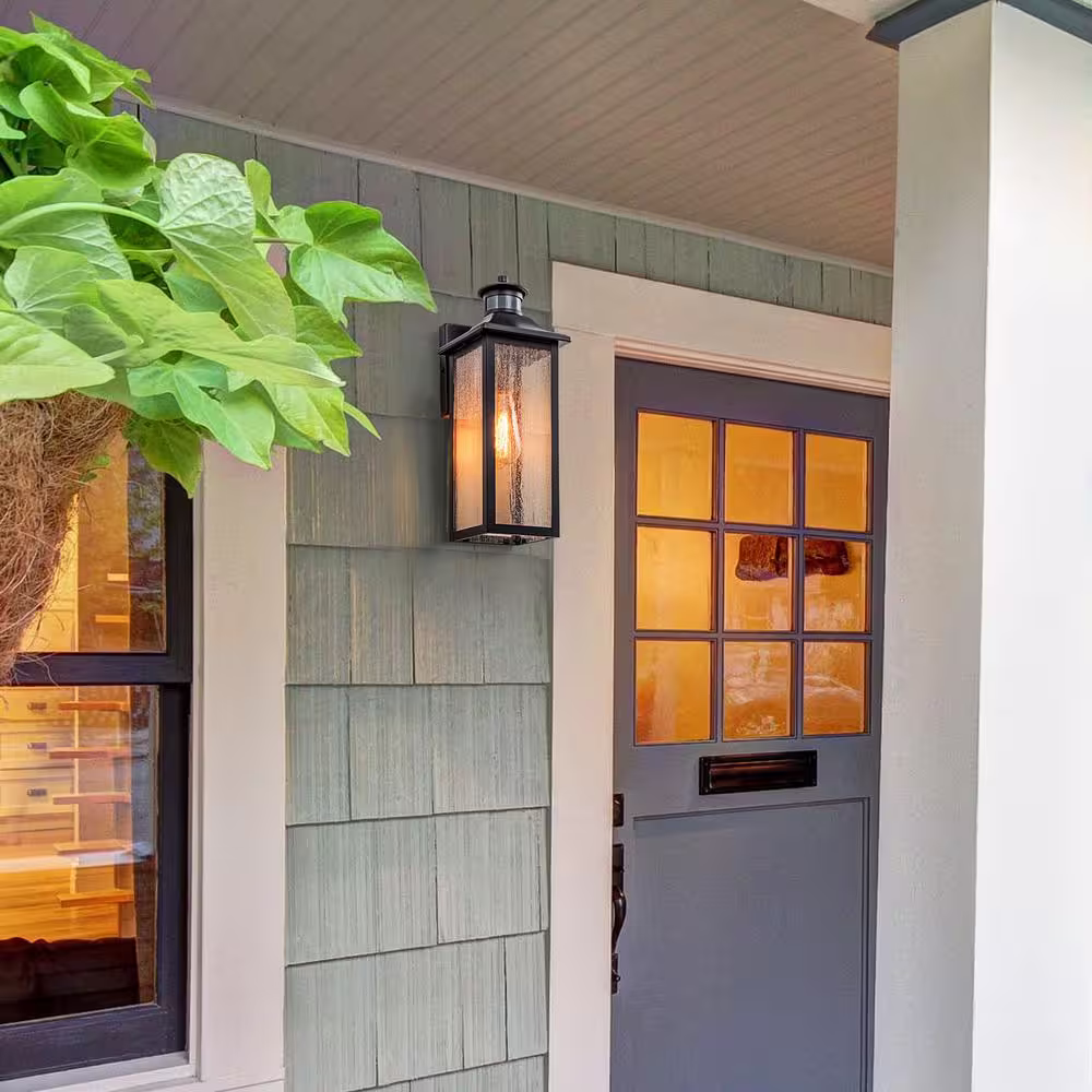 None Black Motion Sensing Dusk to Dawn Outdoor Hardwired Wall Lantern Sconce with Seeded Glass Shade and No Bulbs Included