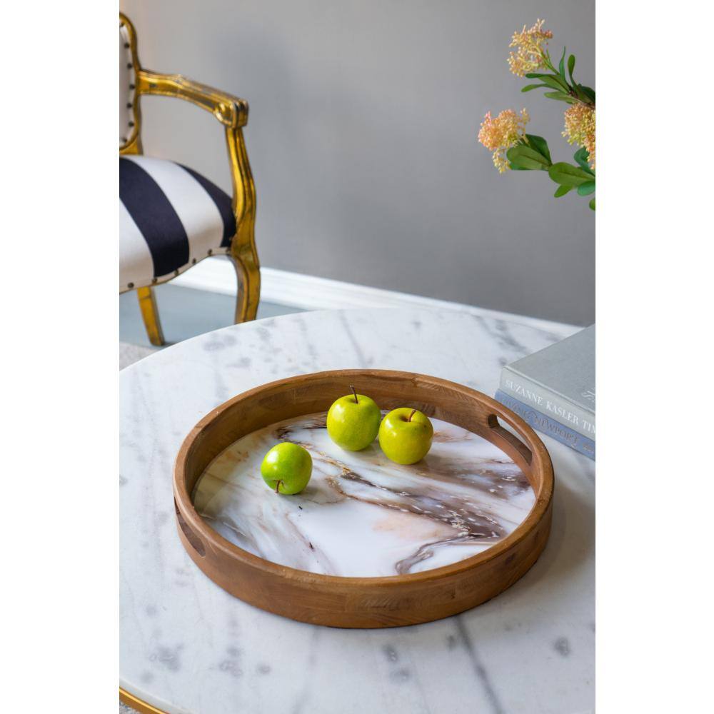 A & B Home Round Decorative Wooden Trays with Handles Cream/Brown (Set of 2)
