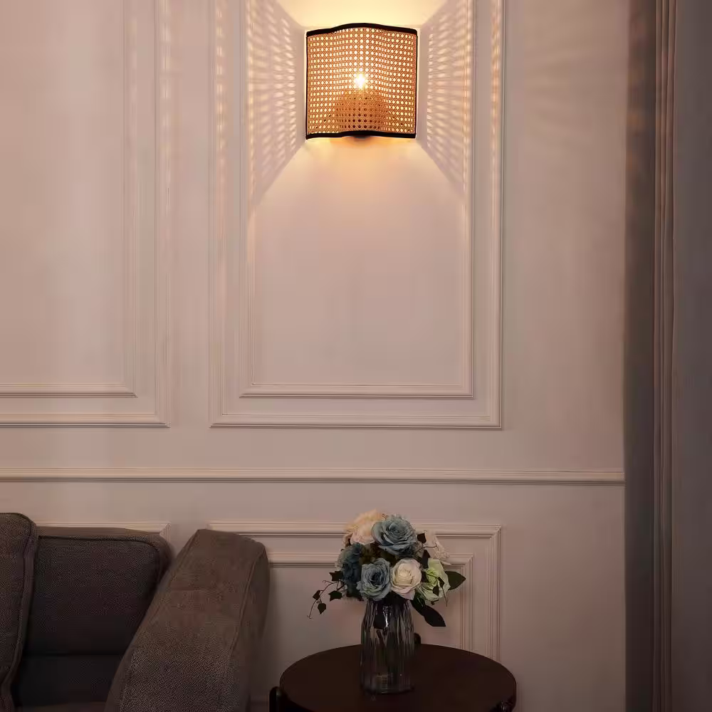 Vidalite Mid Century Bohemian 1-Light Beige Tan Wall Sconce with PVC Rattan and Velvet Shade