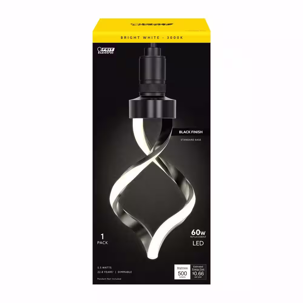 Feit Electric 60W Equivalent Dimmable Oversized Spiral E26 LED Light Bulb With Matte Black Finish and Frosted Lens Bright White 3000K