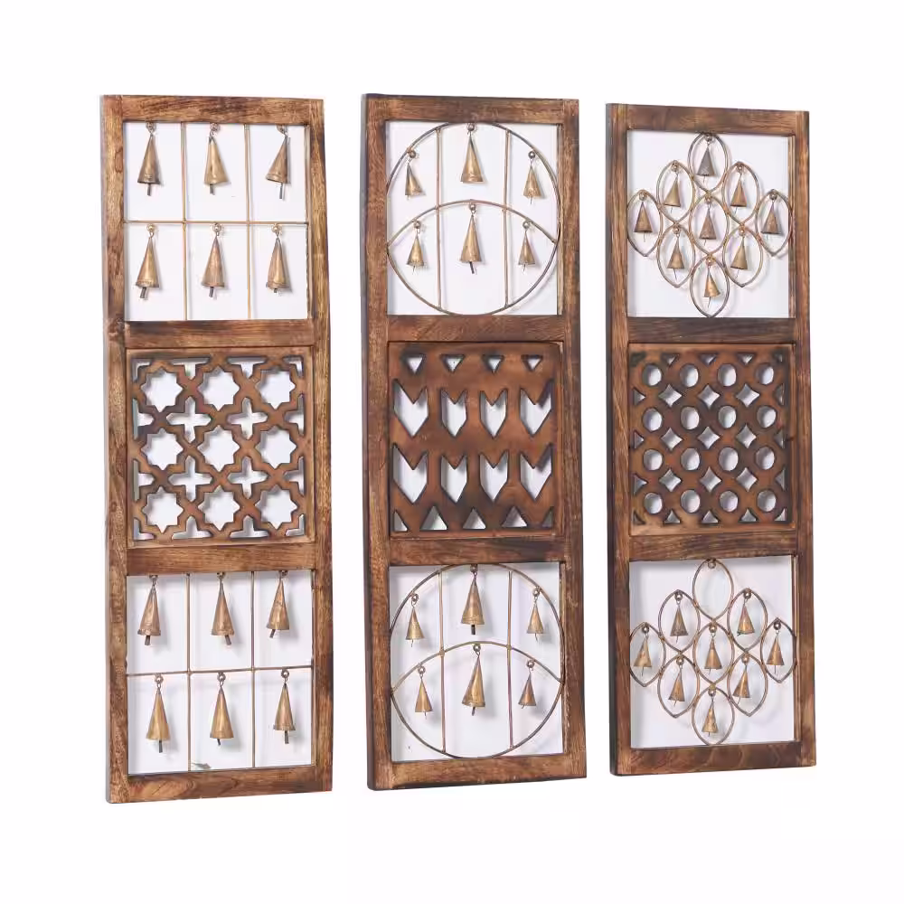 Litton Lane Metal Brown Intricately Carved Bell Wall Decor (Set of 3)