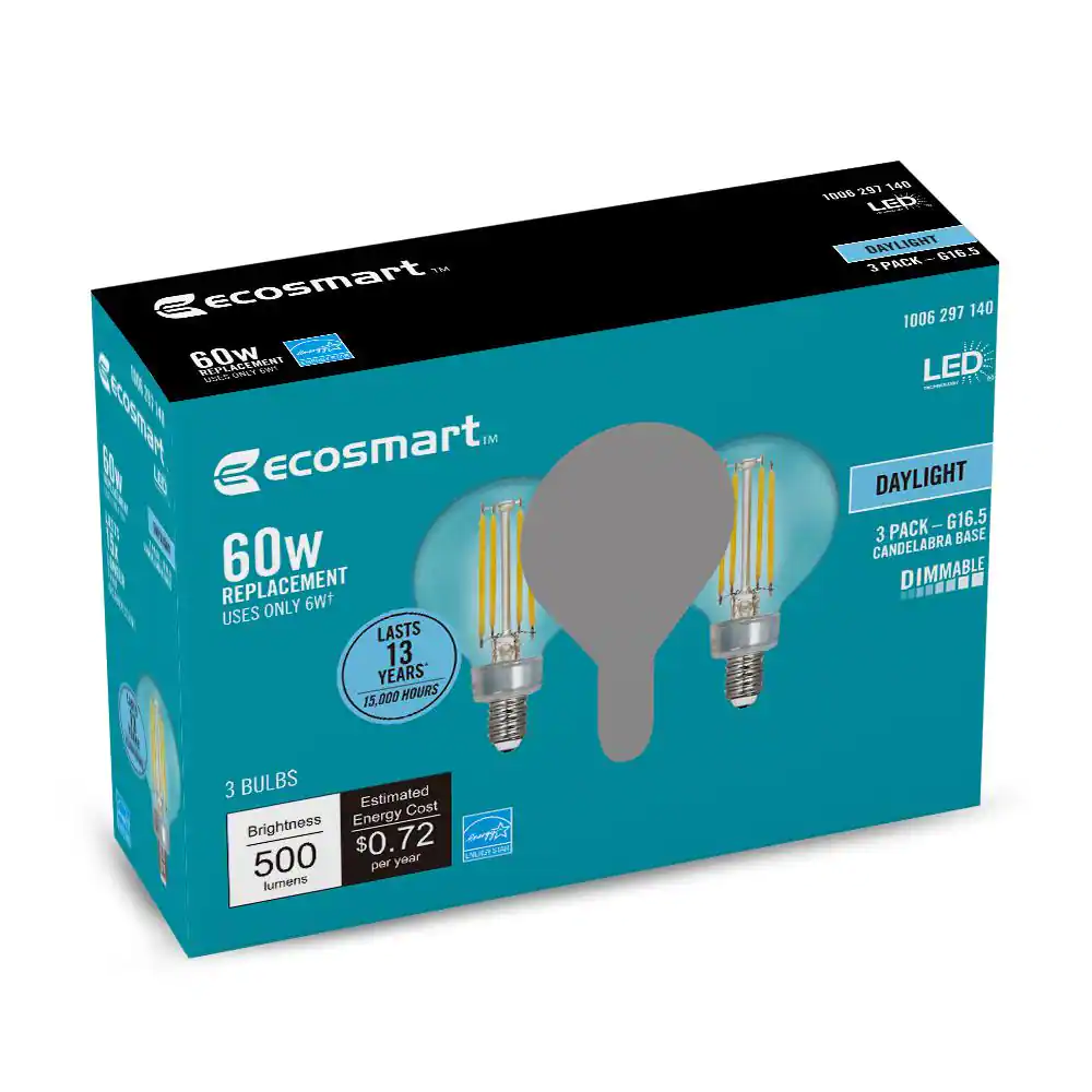 EcoSmart 60-Watt Equivalent G16.5 Dimmable ENERGY STAR CEC Filament LED Light Bulb Daylight (3-Pack)