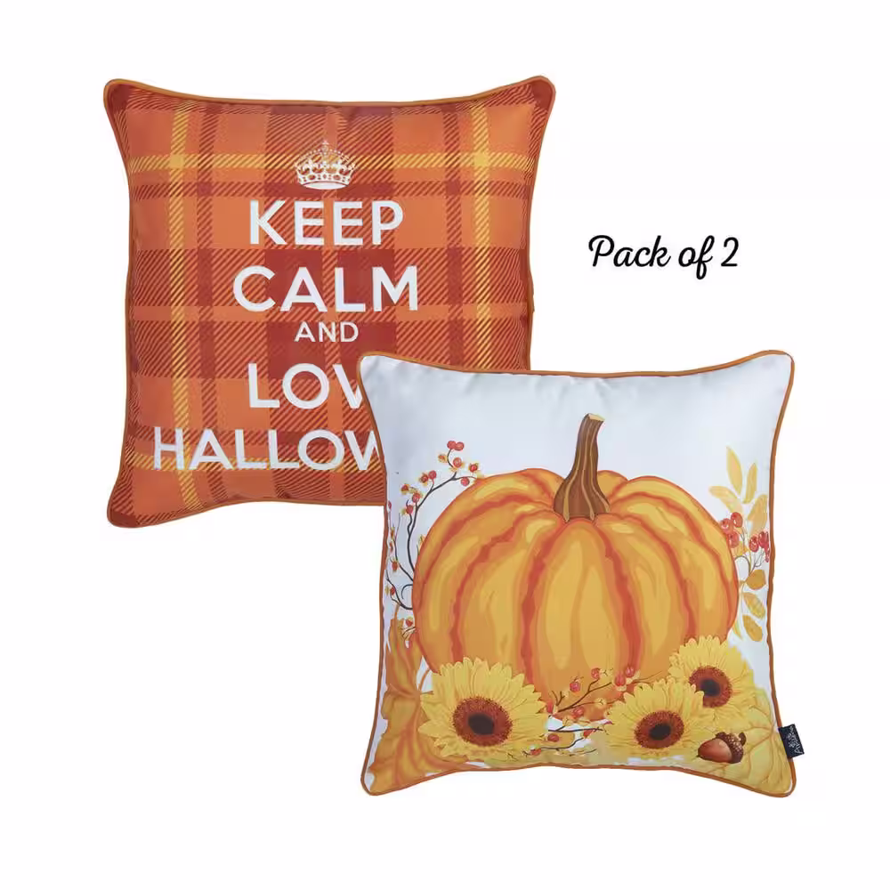 None Fall Season Decorative Throw Pillow Halloween Quote Plaid and Pumpkin 18 in. x 18 in. Orange Square for Couch (Set of 2)