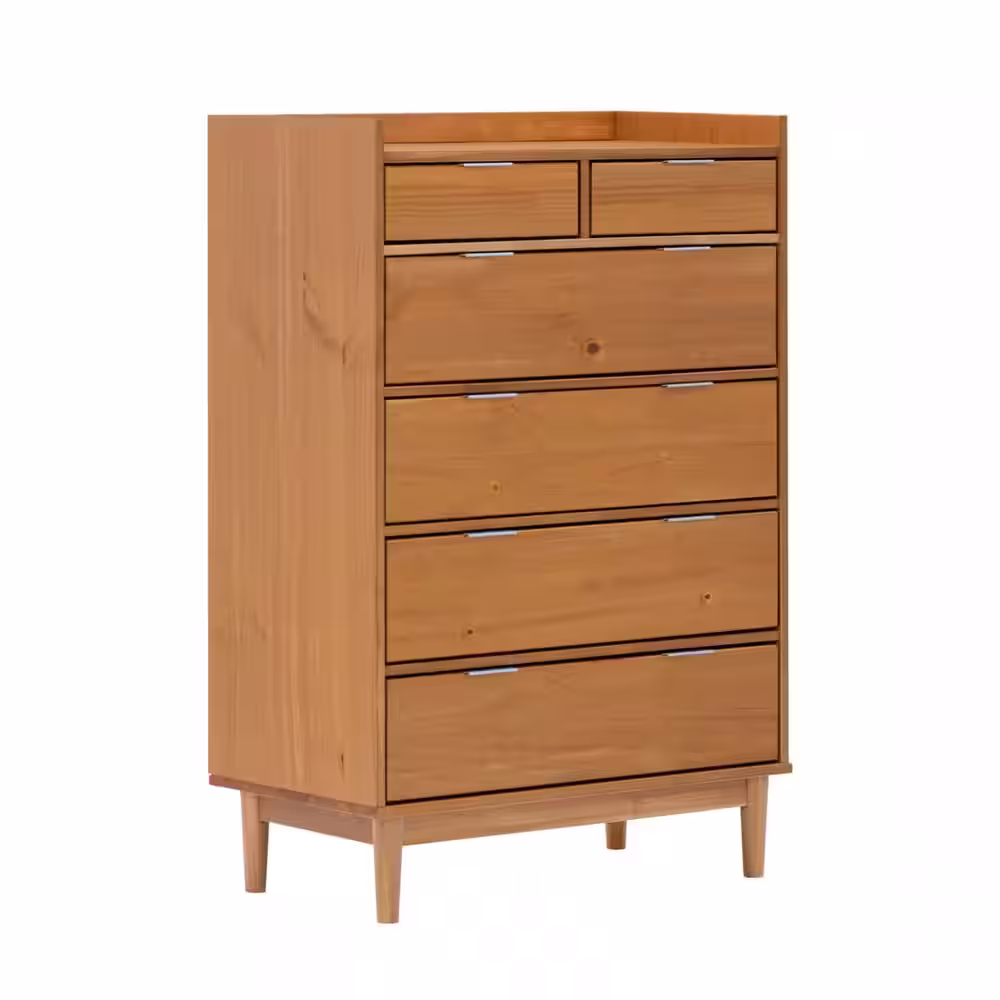 Welwick Designs 6-Drawer Caramel Solid Wood Mid-Century Modern Dresser with Tray Top (45 in. H x 30 in. W x 16 in. D)