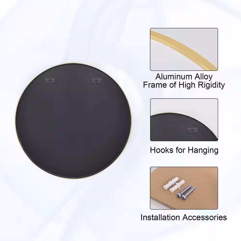 XRAMFY 30.2 in. W x 30.2 in. H Round Aluminum Alloy Framed Modern Gold Wall Mirror