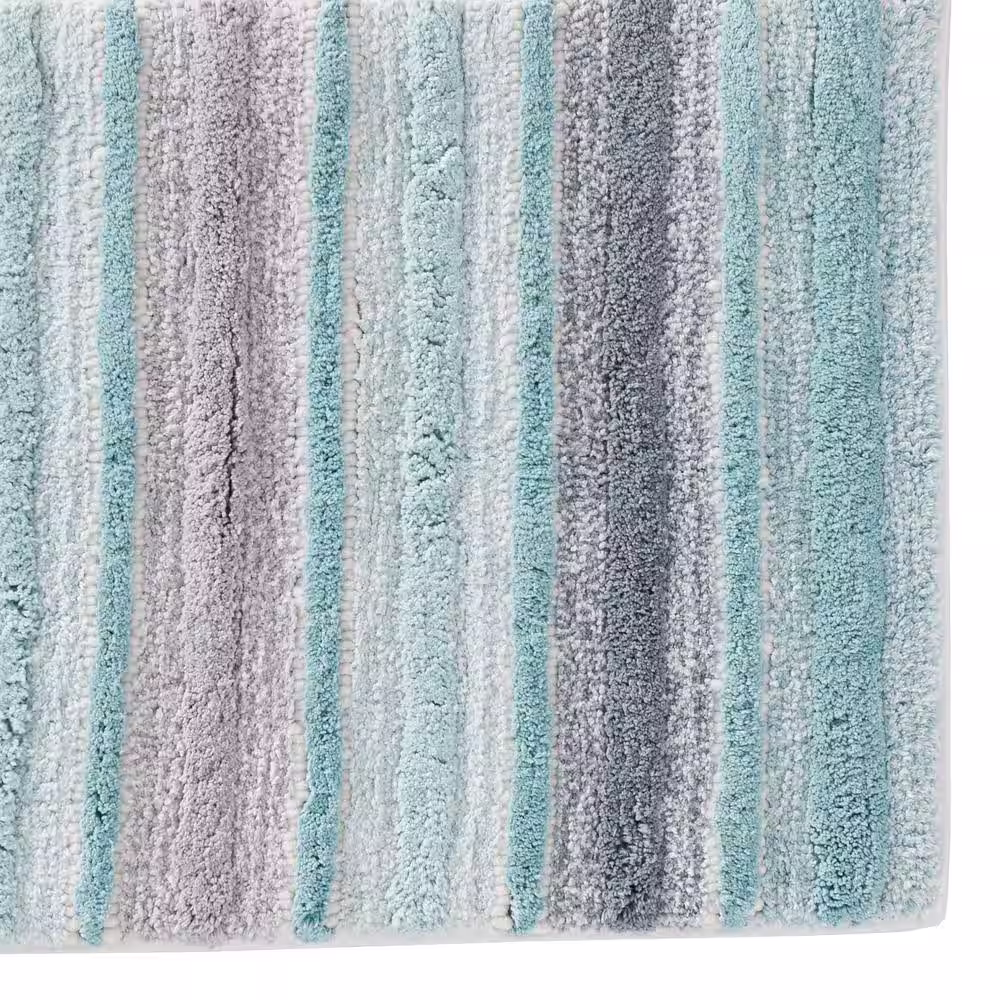 None Teal 20 in. x 30 in. Cotton Water Stripe Bath Rug