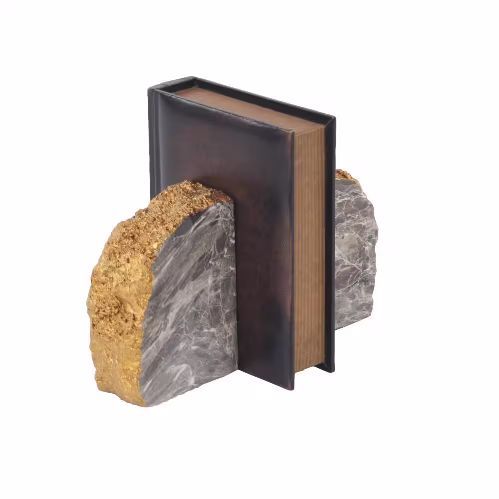 CosmoLiving by Cosmopolitan Gray Polystone Geode Bookends with Gold Detailing (Set of 2)