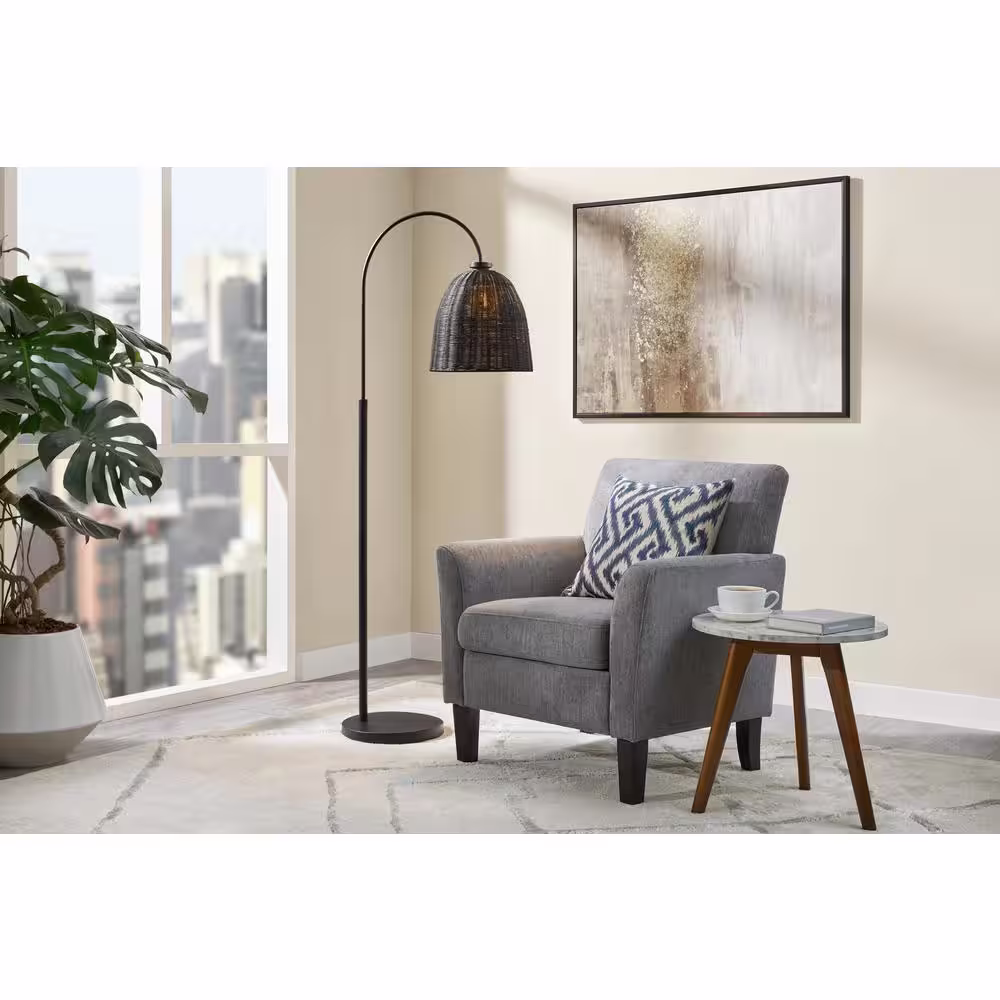 Hampton Bay Highler 61 in. Matte Black Floor Lamp with Black Rattan Shade