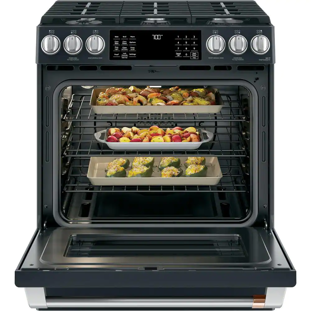 Cafe 30 in. 5.6 cu. ft. Smart Slide-In Gas Range in Matte Black with True Convection, Air Fry