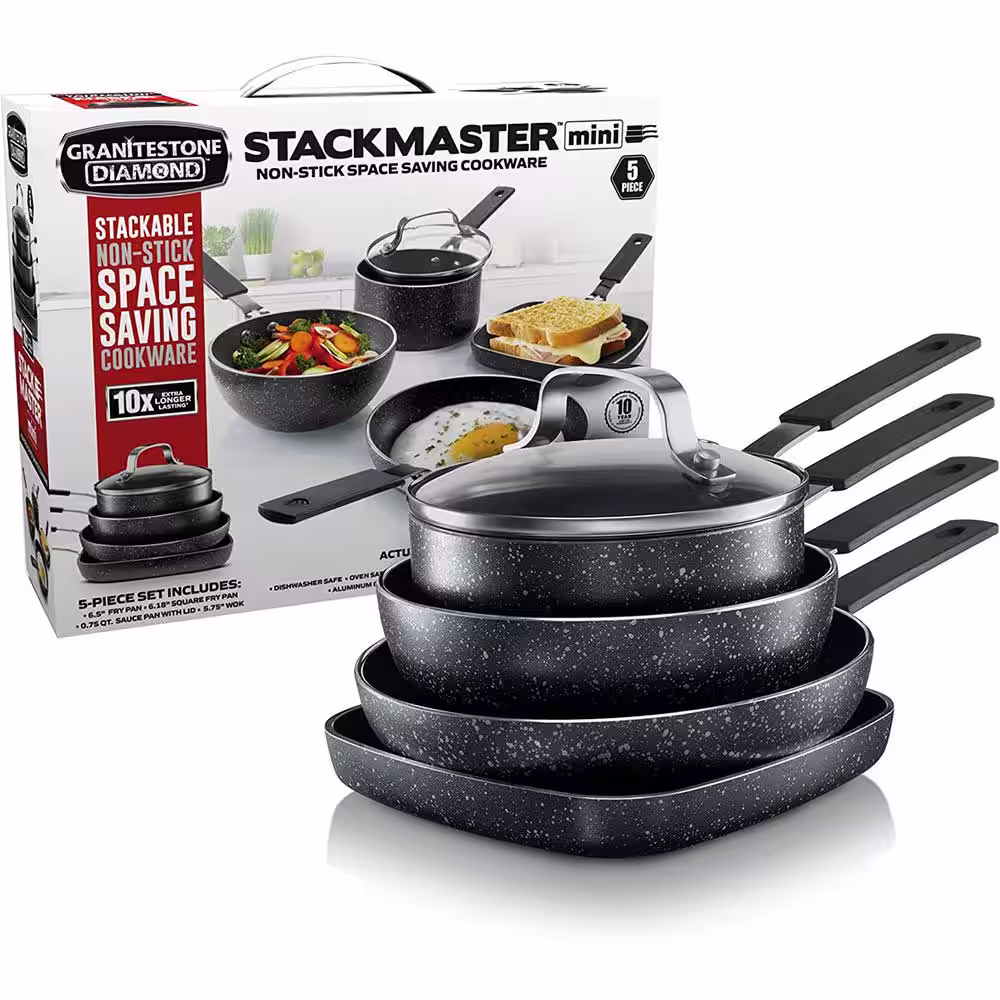 GRANITESTONE StackMaster 5-Piece Aluminum Non-Stick Diamond Infused Mini Cookware Set