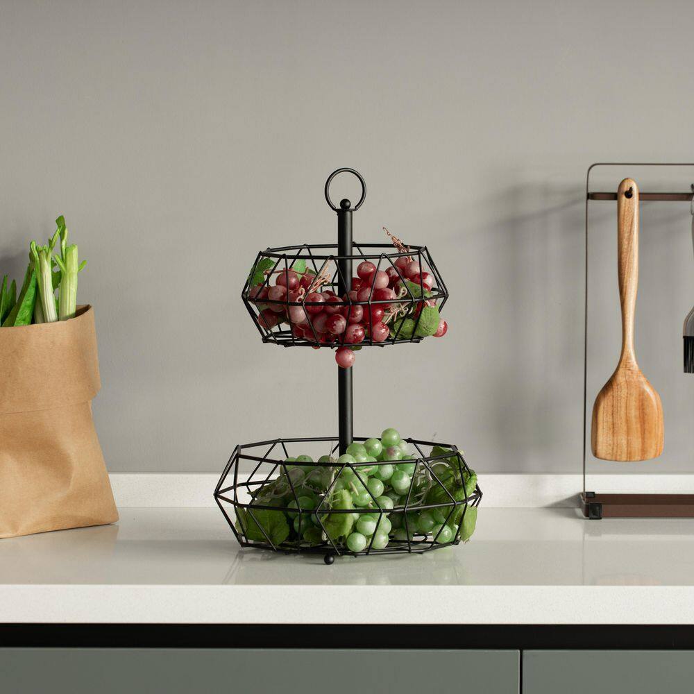 Basicwise 2 Tier Free Standing Countertop Fruit Basket for Kitchen : Detachable Carbon Steel Fruit Storage Organizer