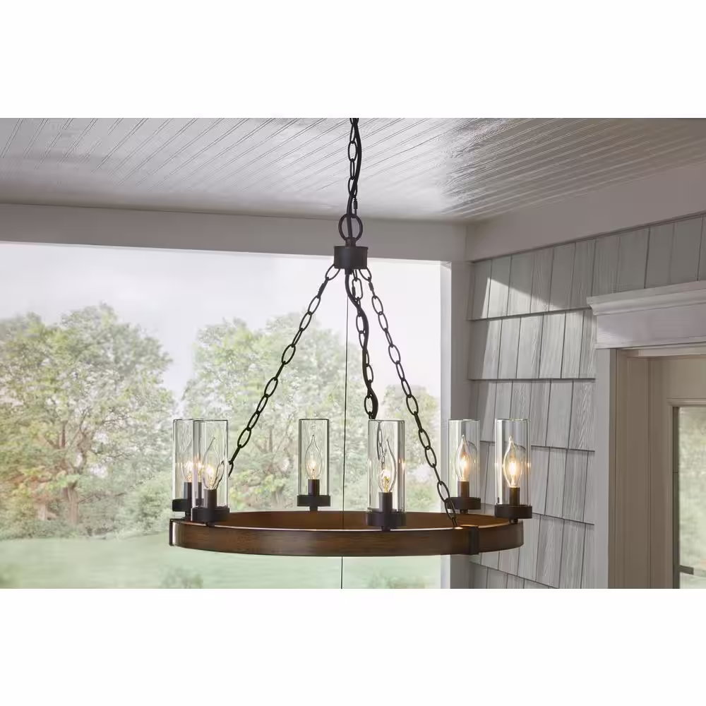 Hampton Bay Aspenwood 25.5 in. 6-Light Black with Woodgrain Farmhouse Outdoor Chandelier with Clear Glass Shade