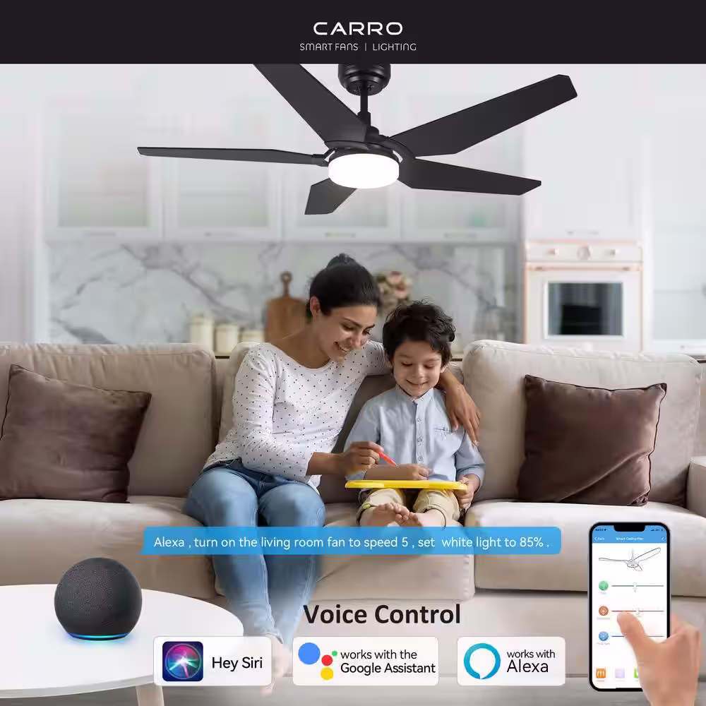 CARRO Voyager 52 in. Dimmable LED Indoor/Outdoor Black Smart Ceiling Fan with Light and Remote, Works w/Alexa/Google Home