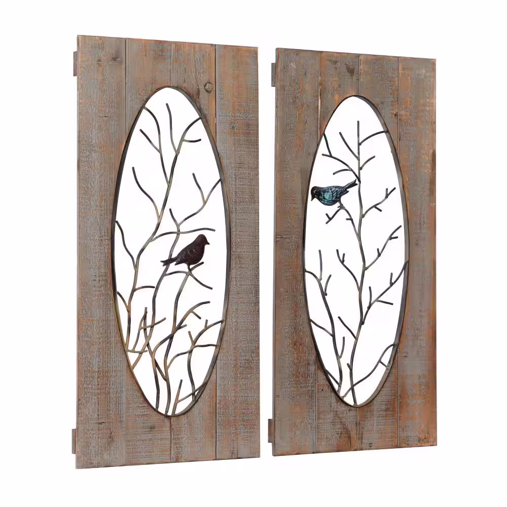 Litton Lane 18 in. x 36 in. Rustic Bird on Branch Metal Wire Wall Panels (Set of 2)