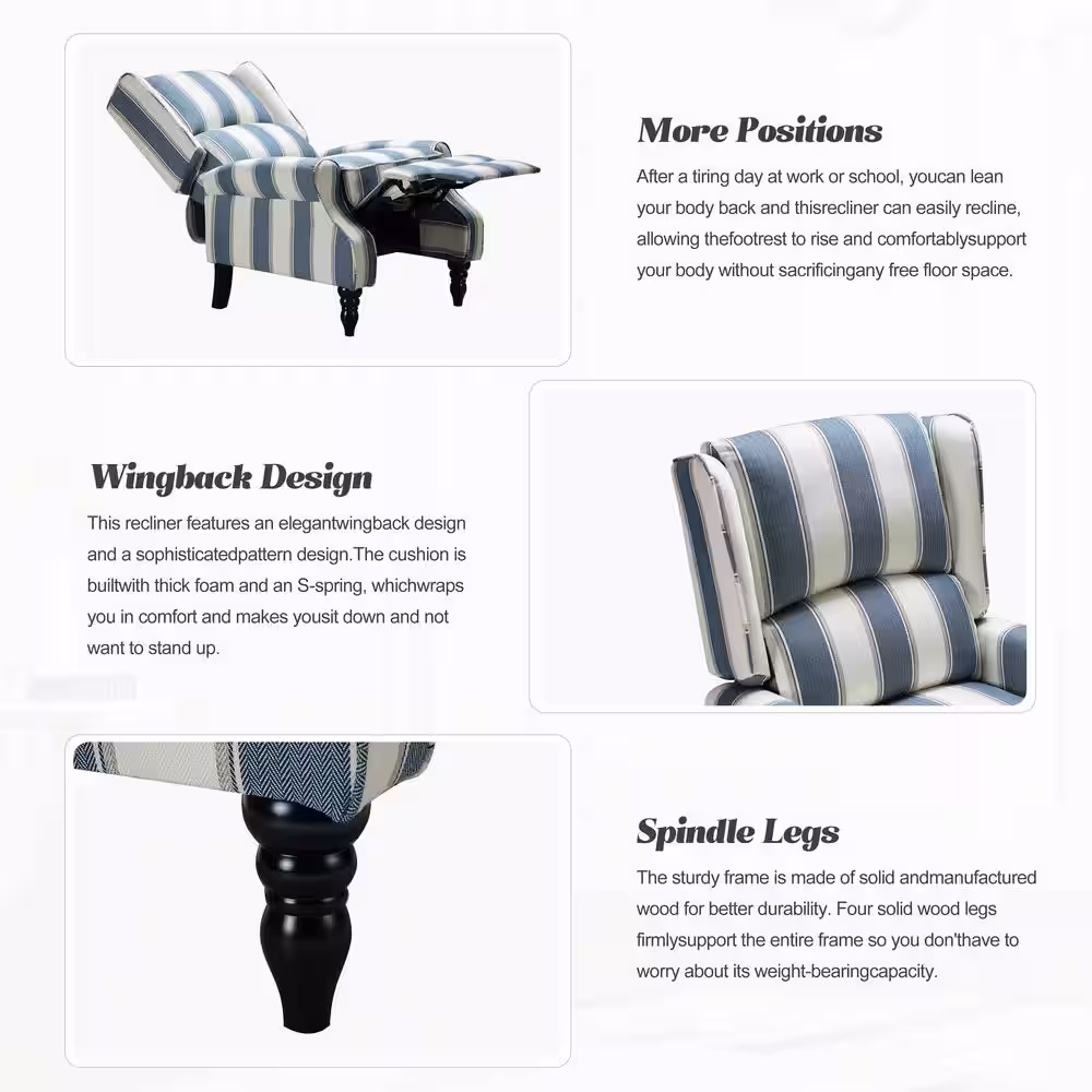 JAYDEN CREATION Bogazk Modern Stripe Navy Polyester Pattern Manual Recliner with Wingback and Rubber Wood Legs