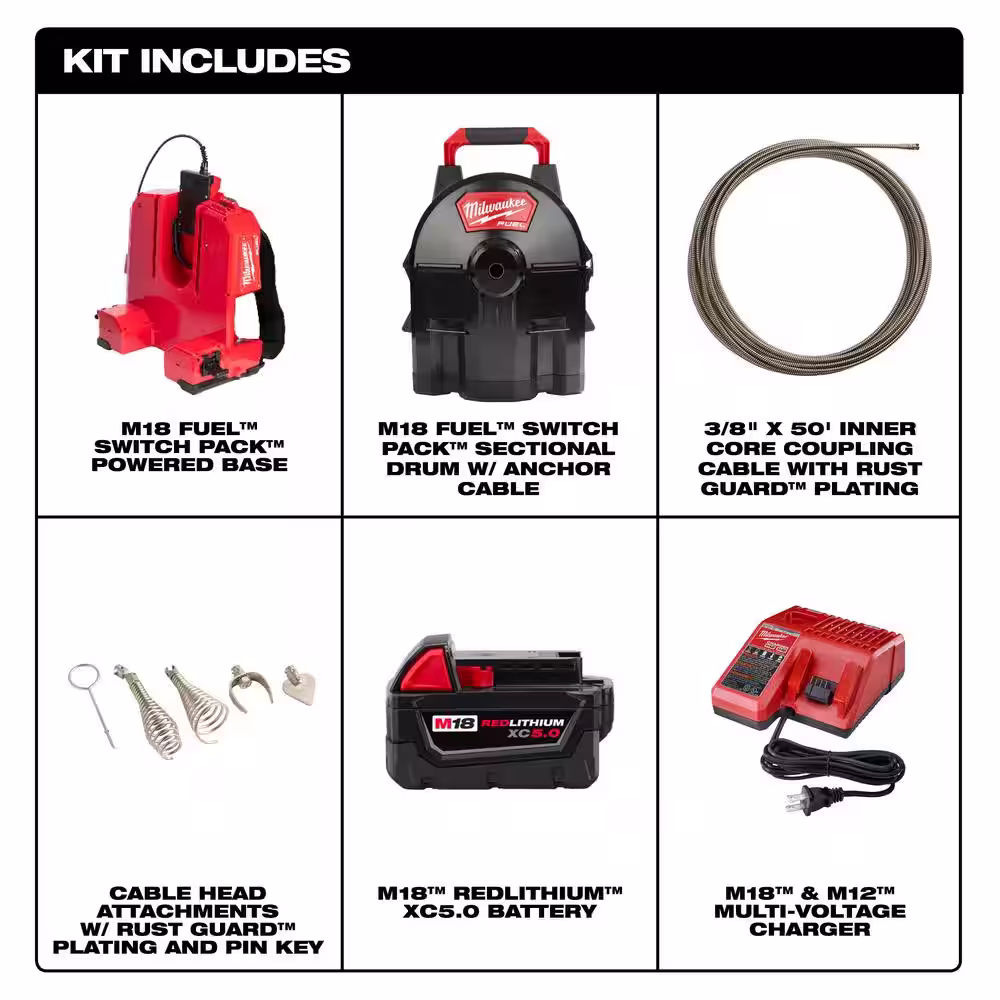 Milwaukee M18 Fuel 18V Lithium-Ion Cordless Drain Cleaning 3/8 in. Switch Pack Sectional Drum Kit with 8.0ah Battery