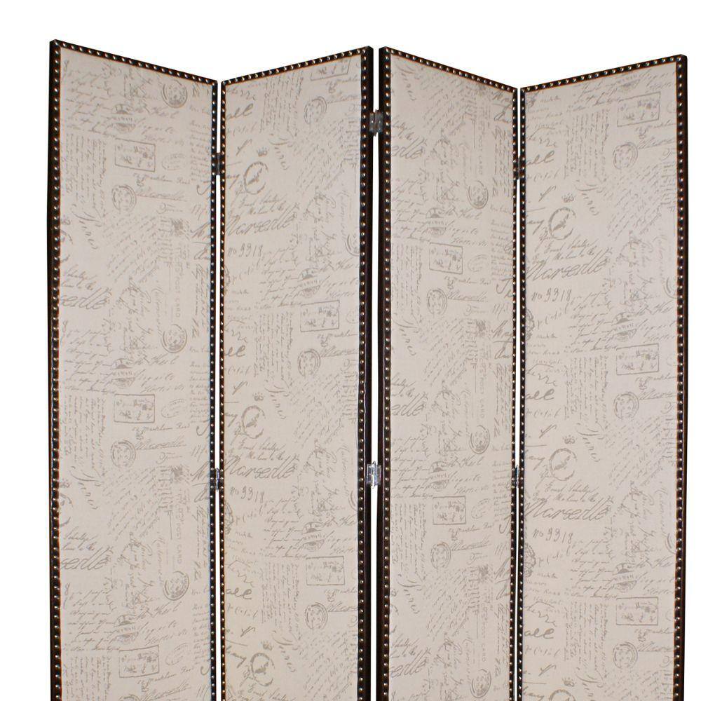 Benjara Beige 4-Panel Wooden Foldable Screen with Script Print