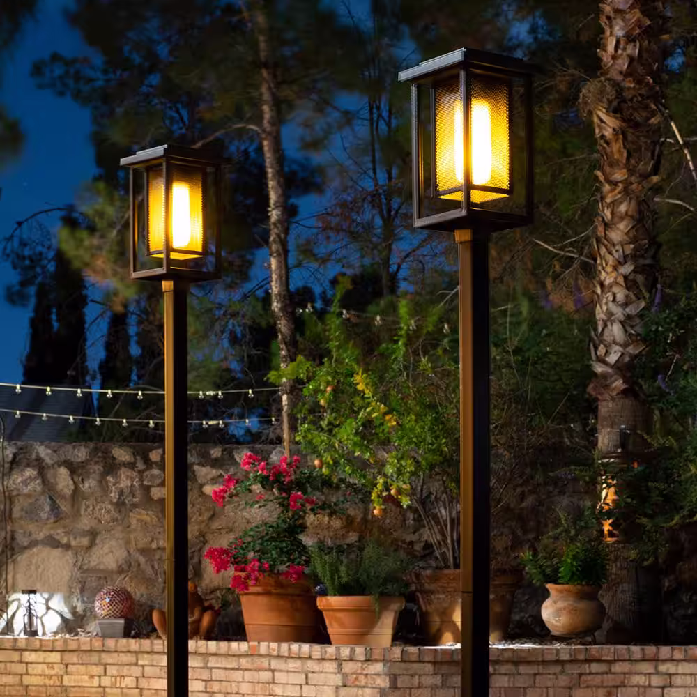 Hampton Bay Ambrose Solar 6 Lumens Matte Black Integrated LED Modern Flicker Flame Torch Path Light (2-Pack); Weather Resistant