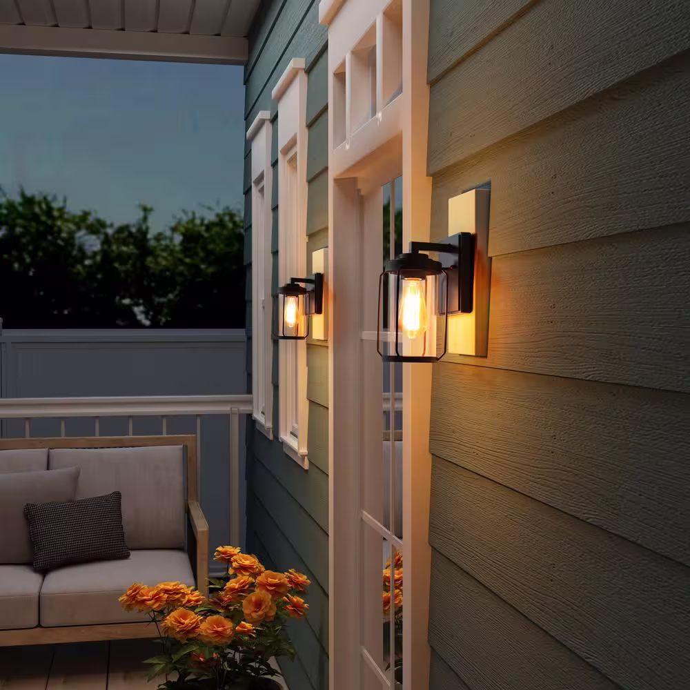 Uolfin Modern Black Medium Outdoor Light Fixture, 1-Light Wall Lantern Sconce Light with Clear Glass (2-Pack) for Parking Area