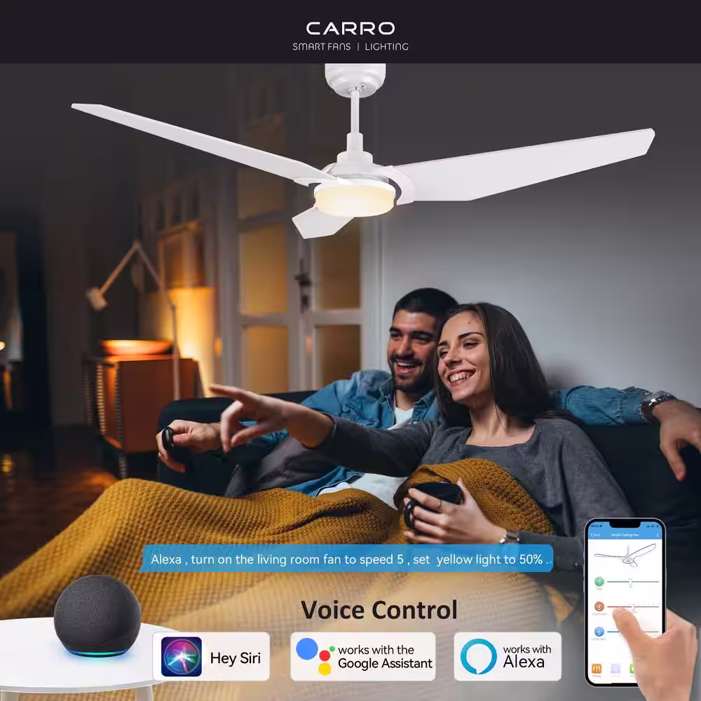 CARRO Brently 56 in. Dimmable LED Indoor/Outdoor White Smart Ceiling Fan with Light and Remote, Works with Alexa/Google Home