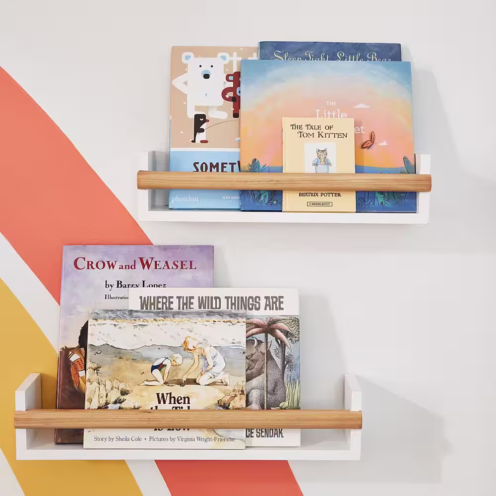 StyleWell Kids White and Natural Wood Floating Wall Shelves (Set of 2)