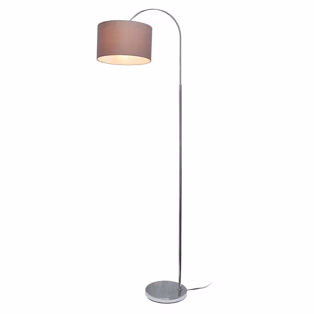 None 66 in. Brushed Nickel Arched Floor Lamp with Gray Fabric Shade