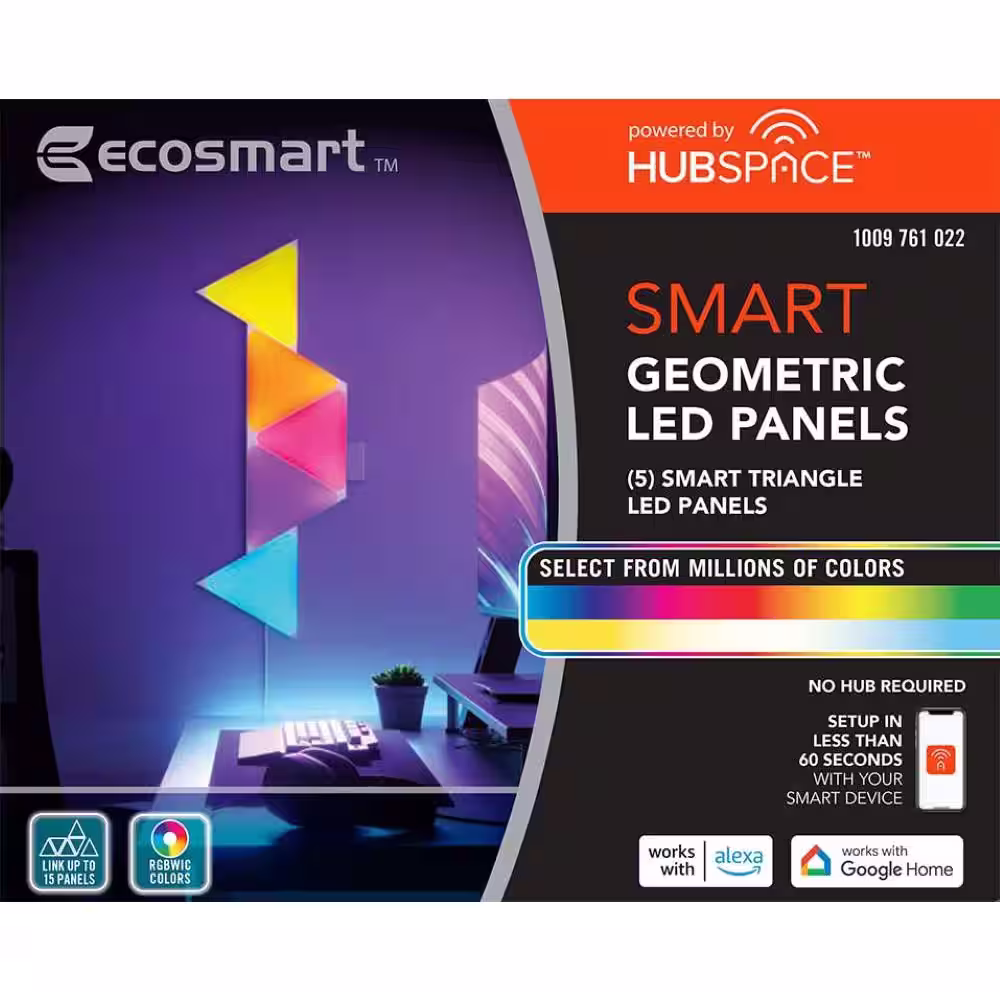 EcoSmart Smart Color Changing Dimmable 5 Geometric Triangle LED Light Panels Powered By Hubspace