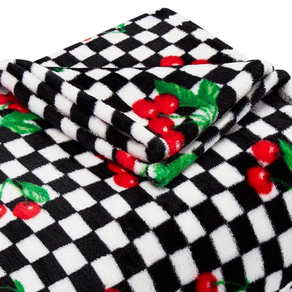 BETSEY JOHNSON Cherry Checker 1-Piece Black Ultra Soft Plush Sherpa 50X70 Throw Blanket