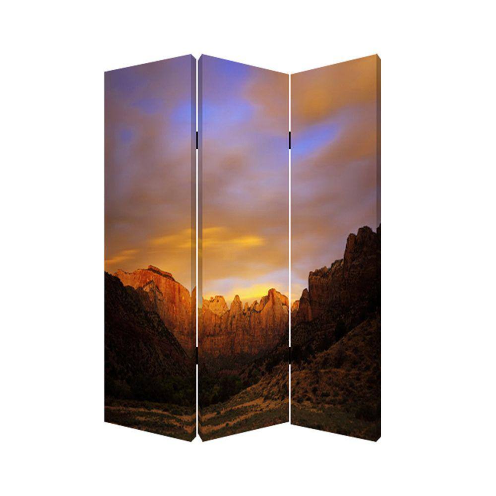 Benjara Multicolor 3-Panels Sunset Plateau Print Foldable Canvas Screen