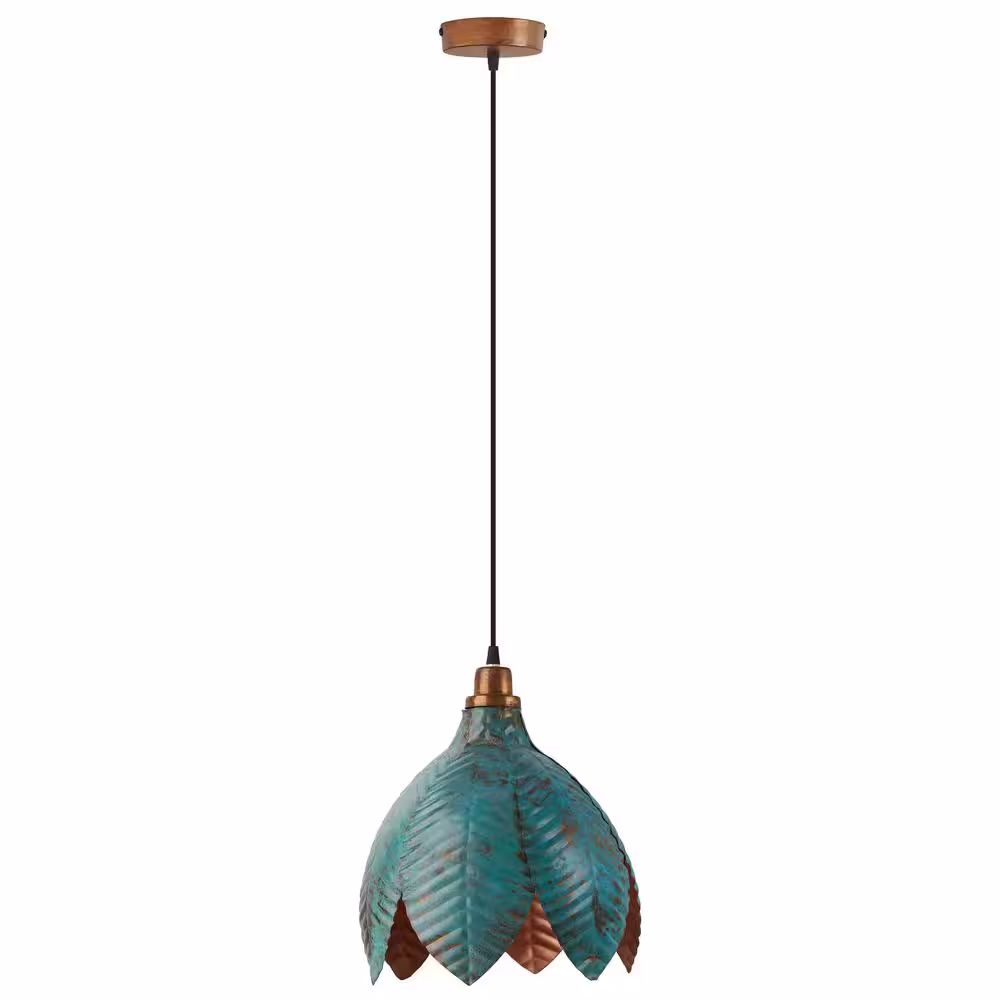 River of Goods Aurelia 1-Light Faux Blue Patina Hanging Pendant with Leaf Shaded