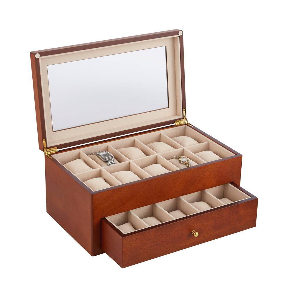 BEY-BERK Cherry Wood 20-Watch Box with Glass Top and Drawer Velour Lining and Pillows