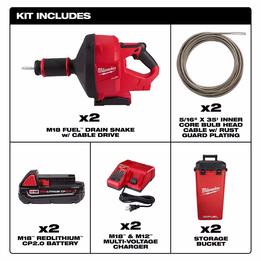 Milwaukee M18 FUEL 18-Volt Lithium-Iron Cordless Plumbing Drain Snake Auger Kit w/CABLE DRIVE & 5/16 in. x 35 ft. Cable (2-Tools)