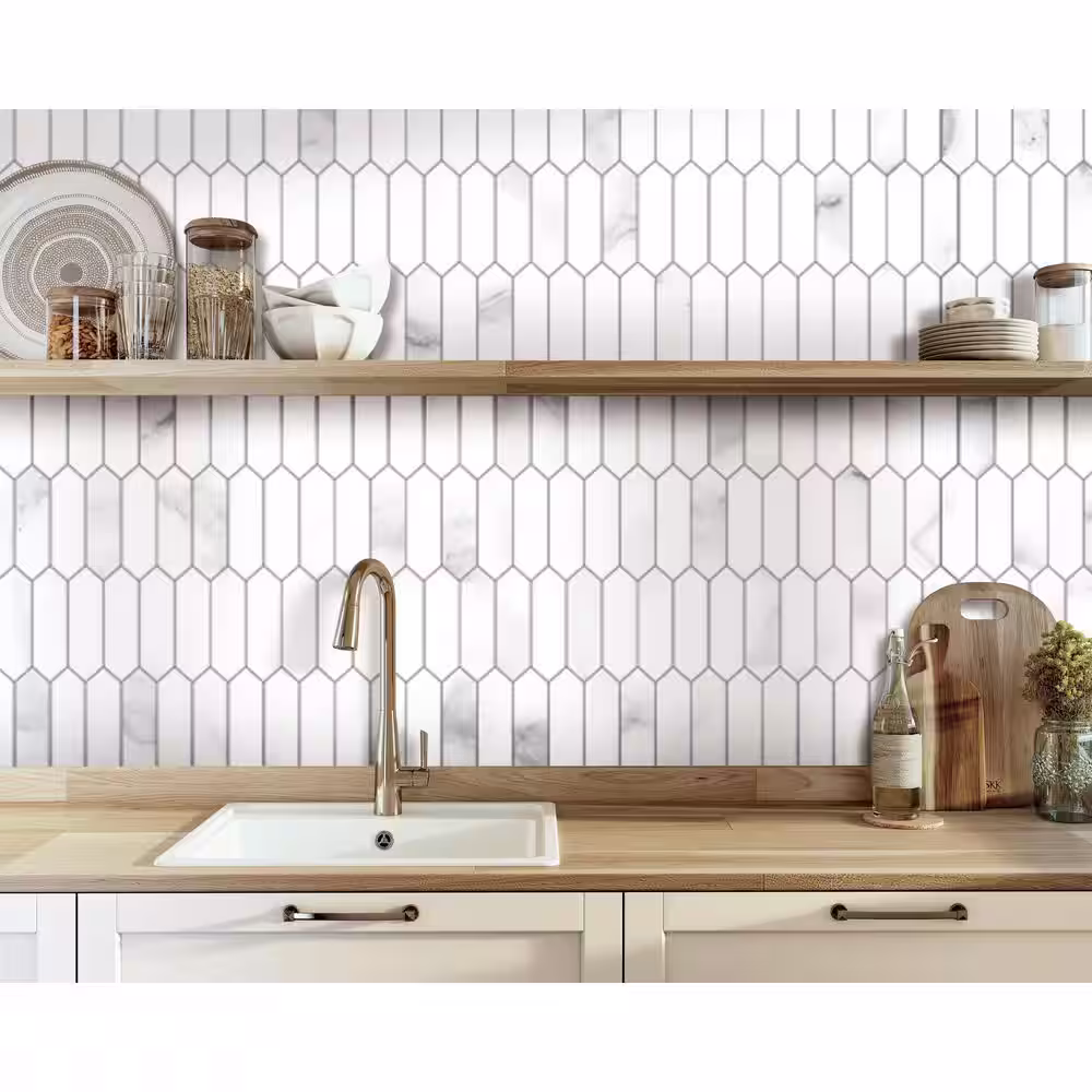 None CARRARA Marble Long Hexagon 12 in. x 11.22 in. Peel and Stick Stone Composite Tile (10-Tiles, 9.35 sq.ft.)