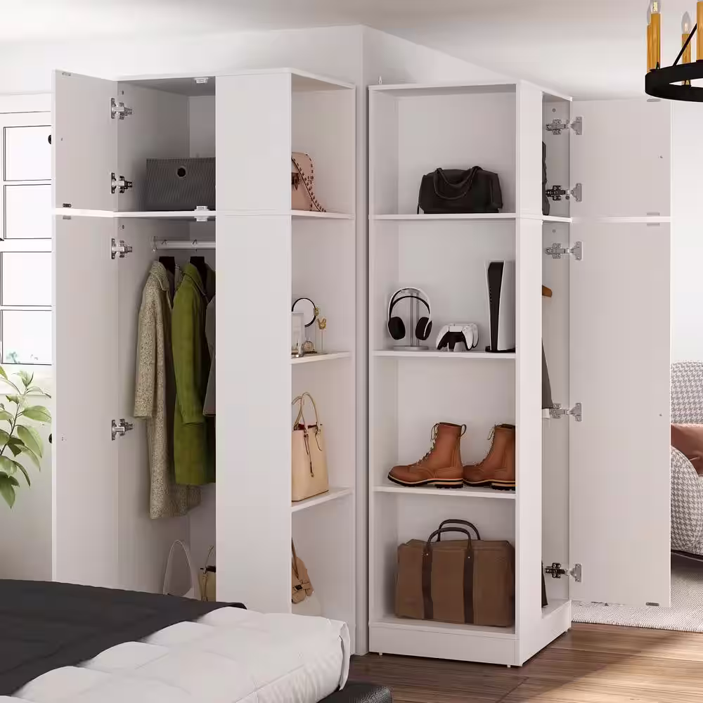 None One Piece White Wood 23.6 in. W Small Armoires Corner Wardrobe With Side Open Shelves, Hanging Rod (19.7 in. D)