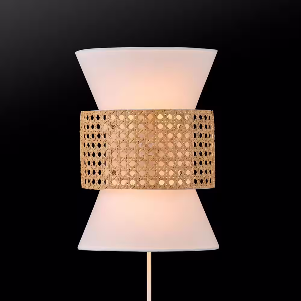 Globe Electric 2-Light Matte White Plug-In or Hardwire Wall Sconce with White Fabric Shade and Natural Rattan Accent