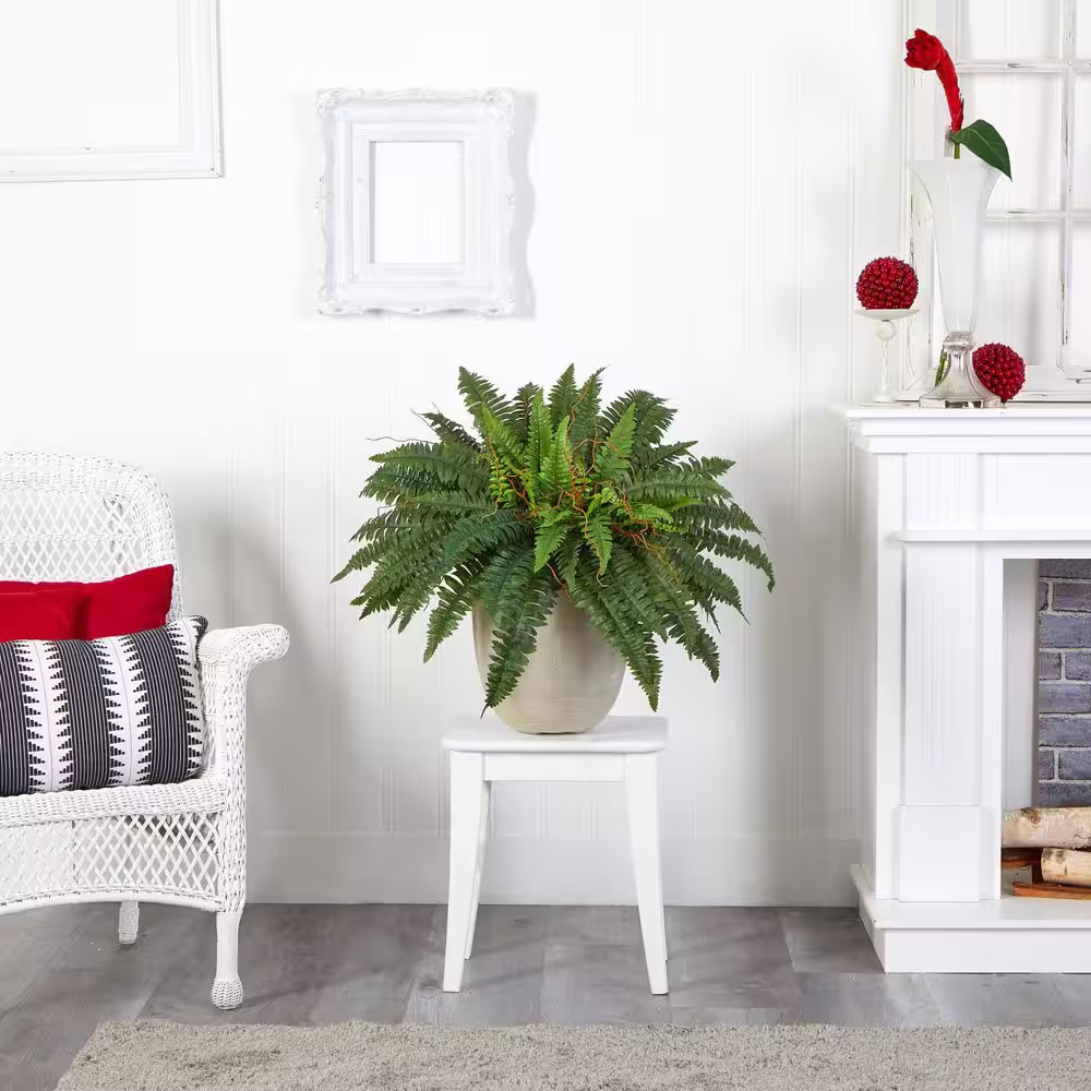 Nearly Natural Indoor 22 in. Boston Fern Artificial Plant in Sandstone Planter