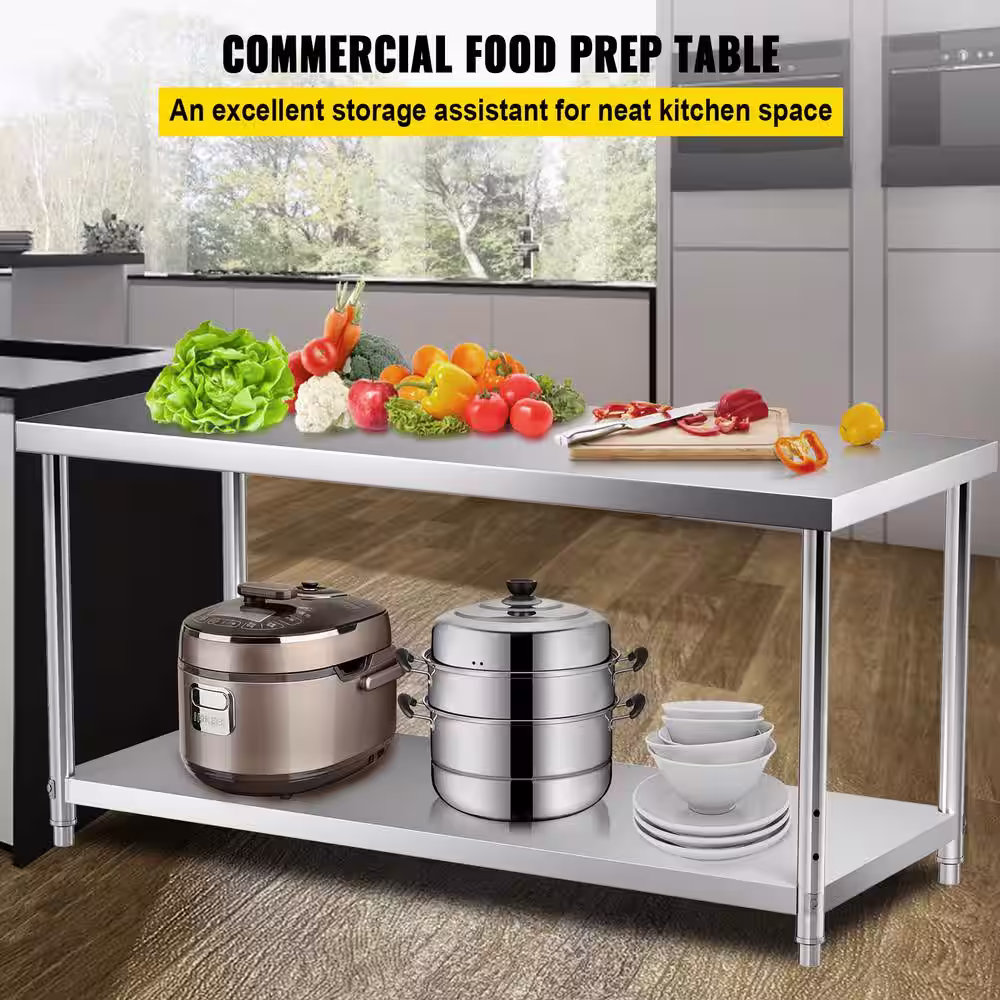 VEVOR Stainless Steel Prep Table 72 in. x 30 in. x 34 in. Heavy-Duty Metal Worktable 550 lbs. Load Capacity Kitchen Prep Table