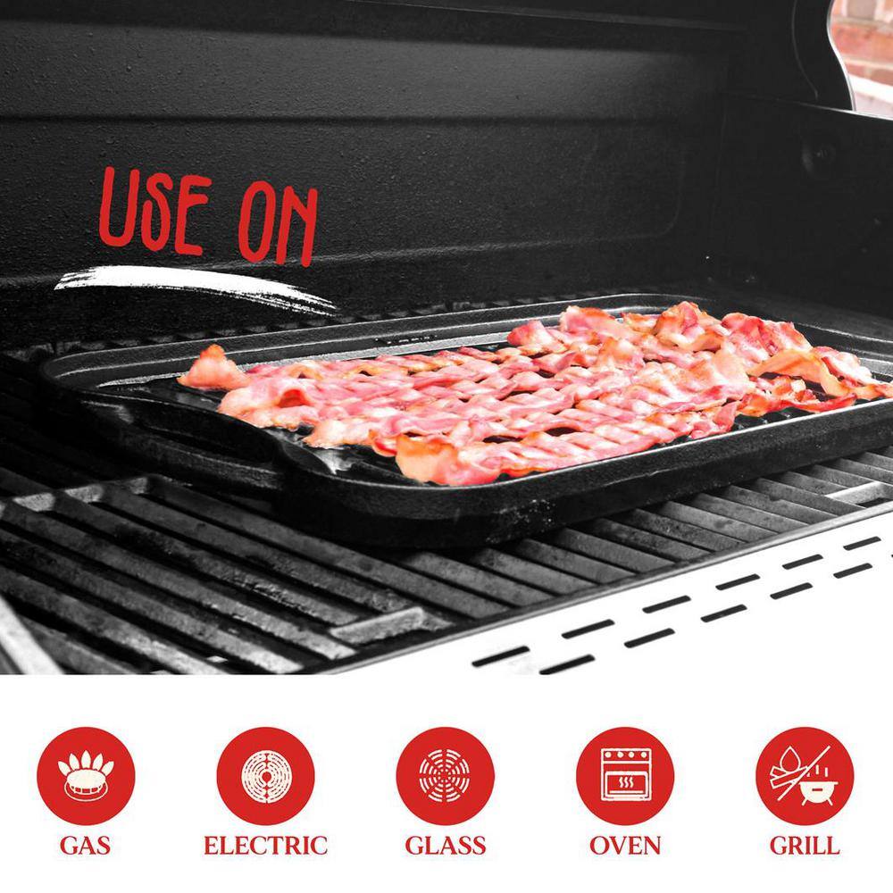 NutriChef 19.96 in. Kitchen Flat Grill Plate Pan Reversible Cast Iron Griddle Classic Flat Grill Pan Design with Scraper