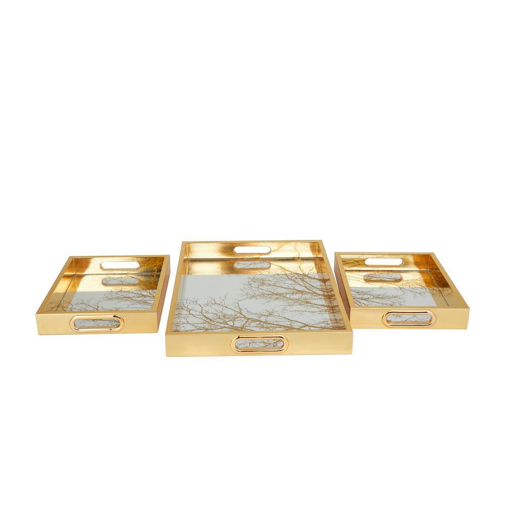 Litton Lane Gold Plastic Mirrored Geometric Decorative Tray (Set of 3)