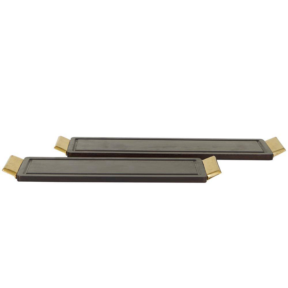 Litton Lane Dark Brown Wood Decorative Tray with Gold Metal Handles (Set of 2)