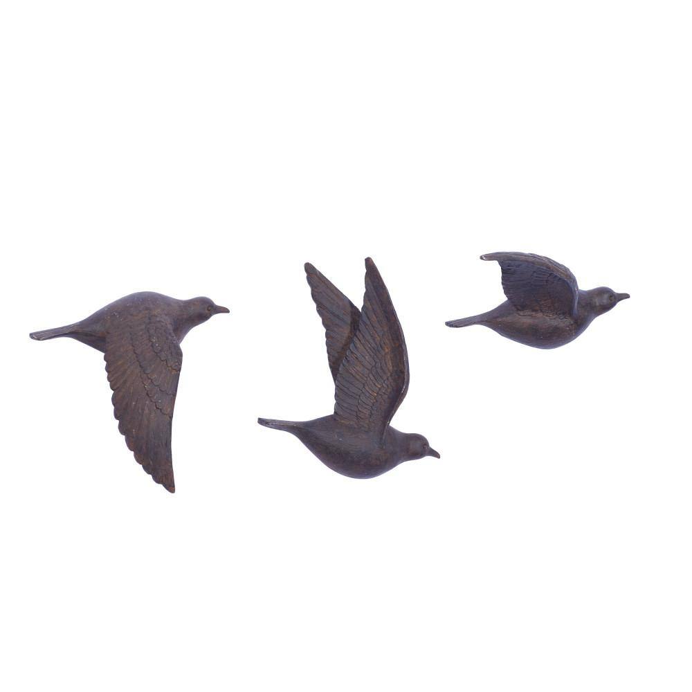 Litton Lane Polystone Brown Metallic 3D Sculpted Bird Wall Decor (Set of 3)