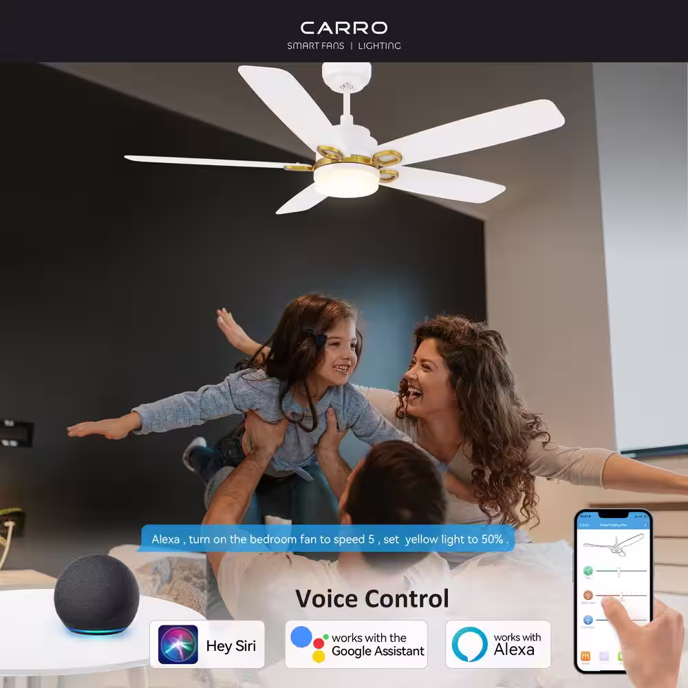 CARRO Havre 52 in. Integrated LED Indoor/Outdoor White Smart Ceiling Fan with Light and Remote, Works with Alexa/Google Home