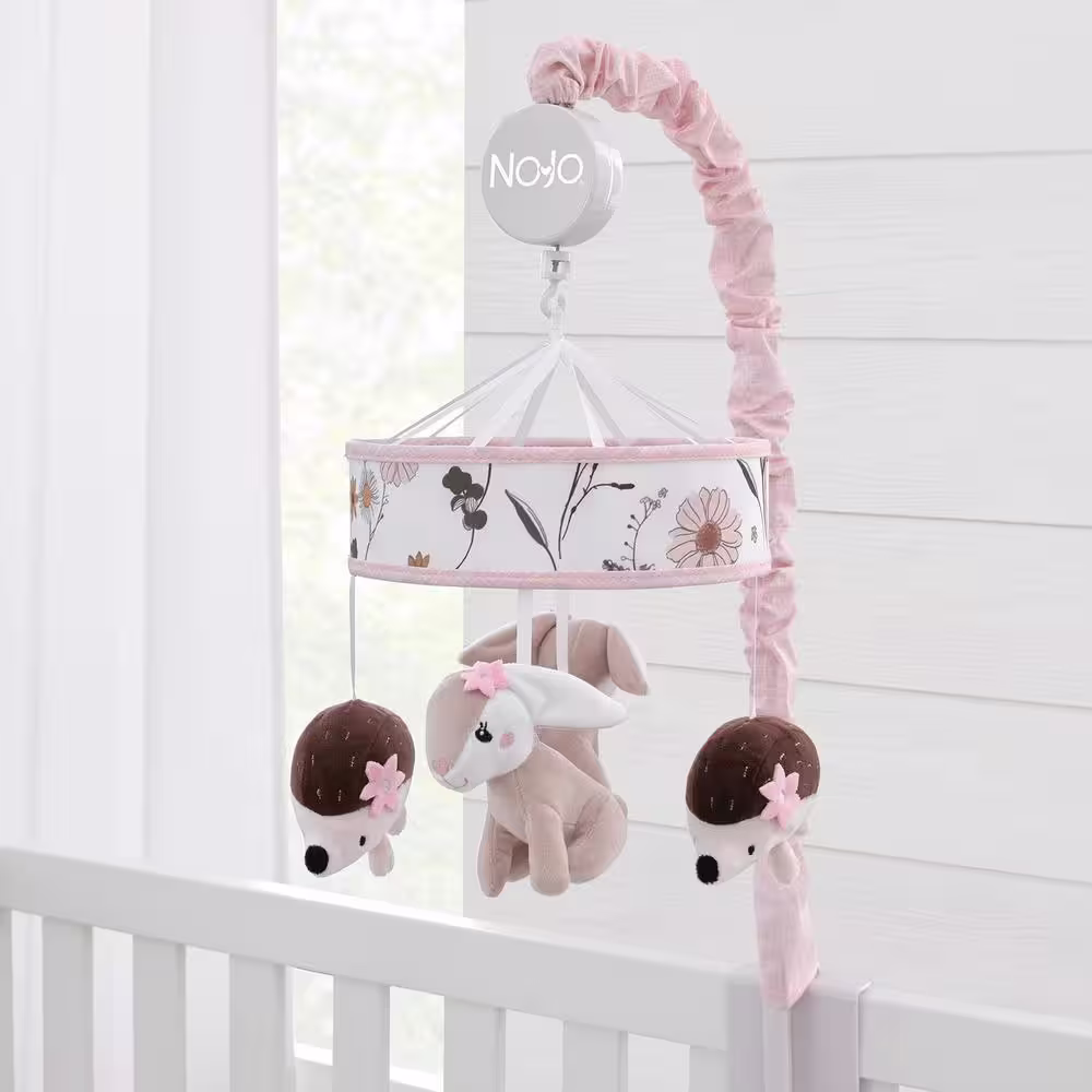 NoJo Keep Blooming Pink Florals with Taupe Bunny and Brown Hedgehog Musical Baby Mobile