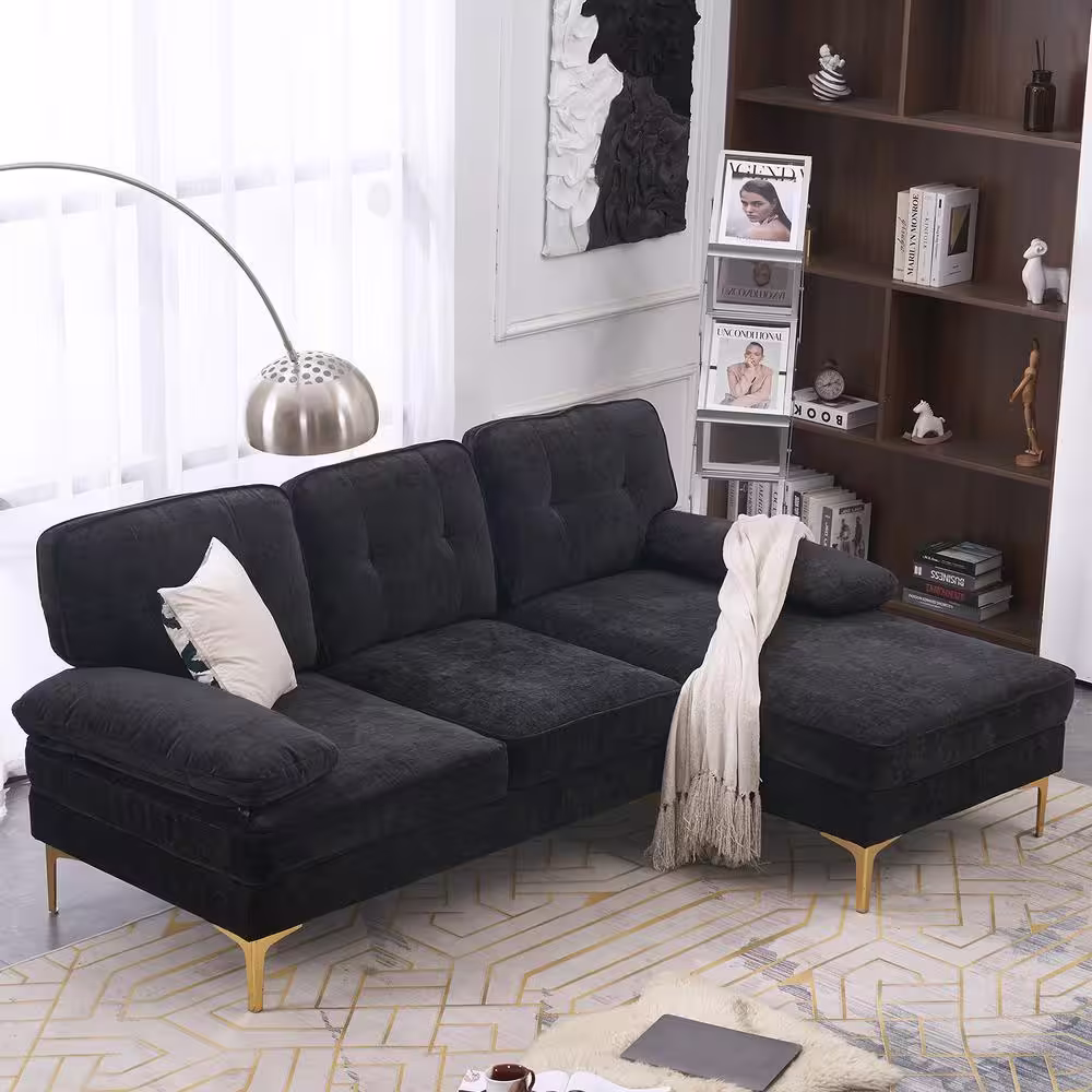 None 83 in. Wide Square Arm Chenille Mid-Century L-Shaped Sofa Black 3-Seats