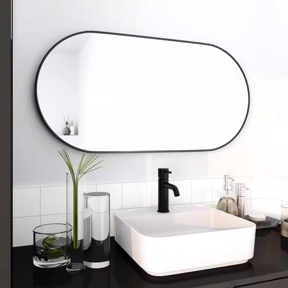 Seafuloy 18 in. W x 35 in. H Oval Bathroom Mirror Vanity Wall Mounted Mirror Black Aluminum Frame for Vertical Horizontal