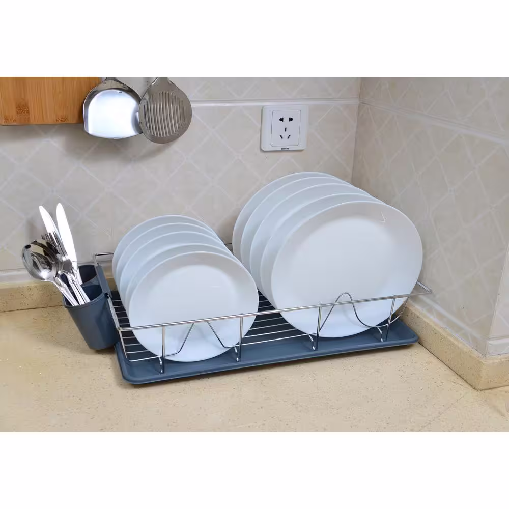 Kitchen Details 3-Piece Chrome Dishrack with Tray in Grey