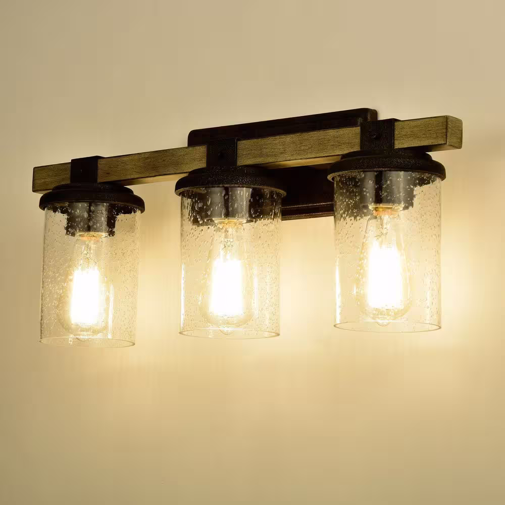 C Cattleya 3-Light 22 in. Woodgrain and Rustic Black Vanity Light with Clear Seeded Glass