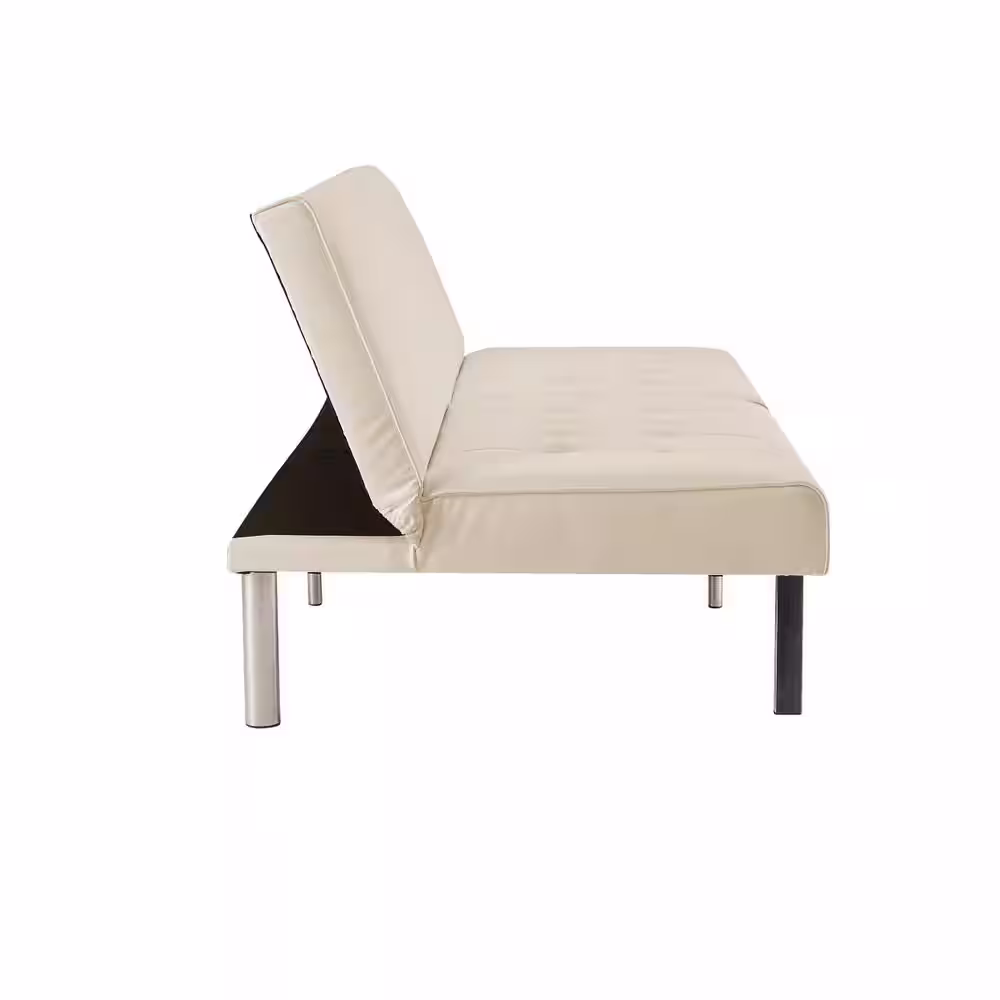 HOMESTOCK Cream, Linen Tufted Split Back Futon Sofa Bed, Couch Bed, Futon Convertible Sofa Bed with Metal Legs
