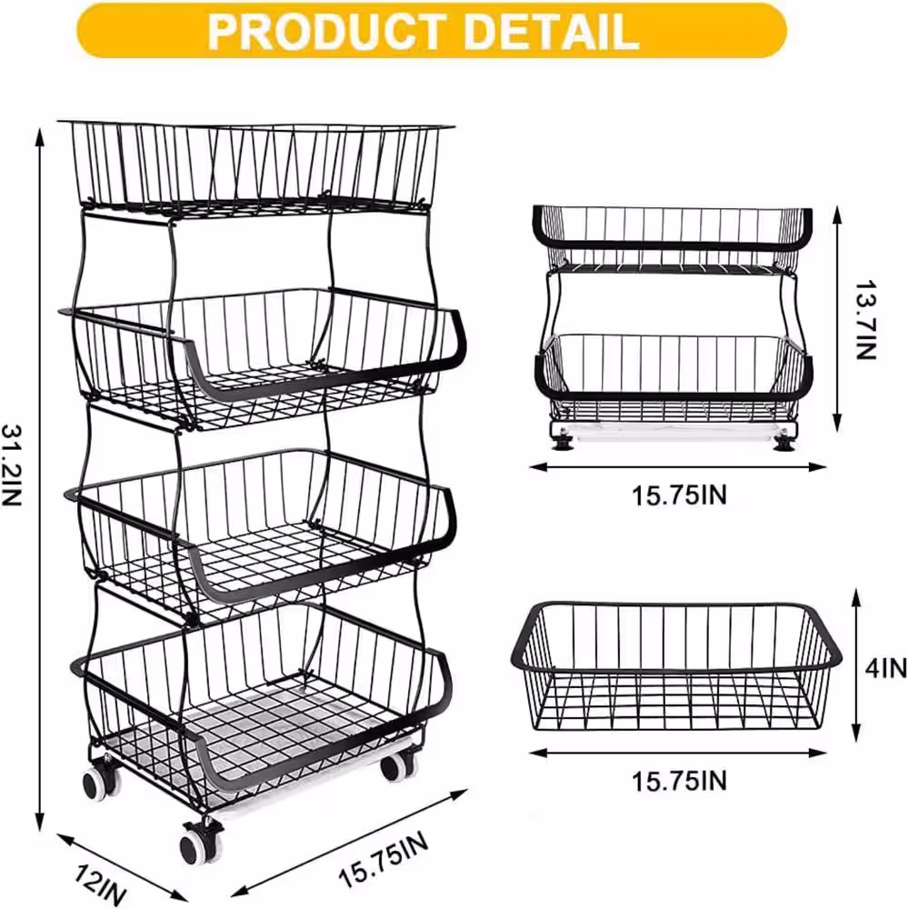 None Fruit Vegetable Storage Basket for Kitchen, 4-Tier Stackable Metal Wire Baskets Cart with Rolling Wheels