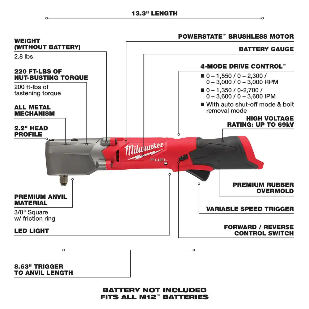 Milwaukee M12 FUEL 12V Lithium-Ion Brushless Cordless 3/8 in. Right Angle Impact Wrench (Tool-Only)